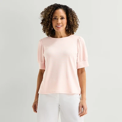 Liz Claiborne Textured Womens Crew Neck Short Sleeve Blouse
