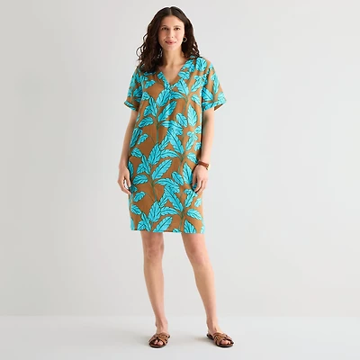 St. John's Bay Womens V Neck Short Sleeve Plaid Shift Dress