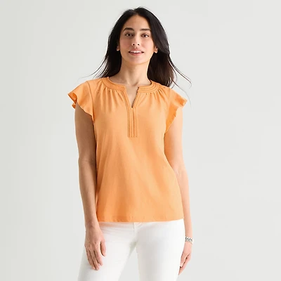 St. John's Bay Womens Split Crew Neck Short Sleeve Blouse