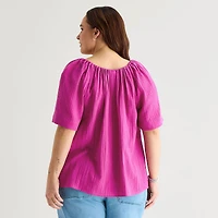 St. John's Bay Womens Plus Split Tie Neck Short Sleeve Blouse