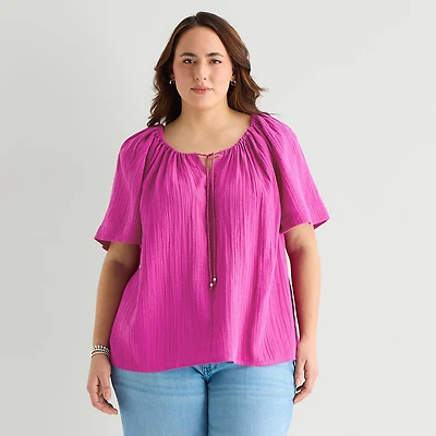 St. John's Bay Womens Plus Split Tie Neck Short Sleeve Blouse
