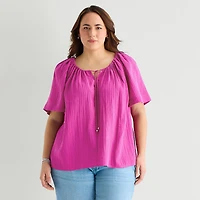 St. John's Bay Womens Plus Split Tie Neck Short Sleeve Blouse