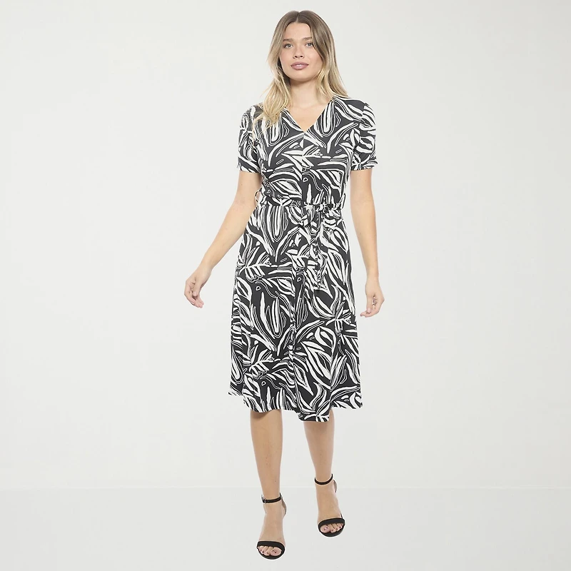 24seven Comfort Apparel Womens Midi V Neck Short Sleeve Abstract A-Line Dress