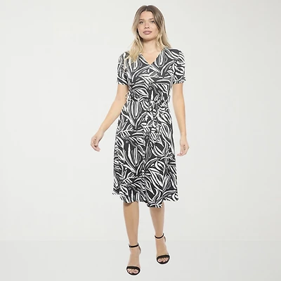 24seven Comfort Apparel Womens Midi V Neck Short Sleeve Abstract A-Line Dress