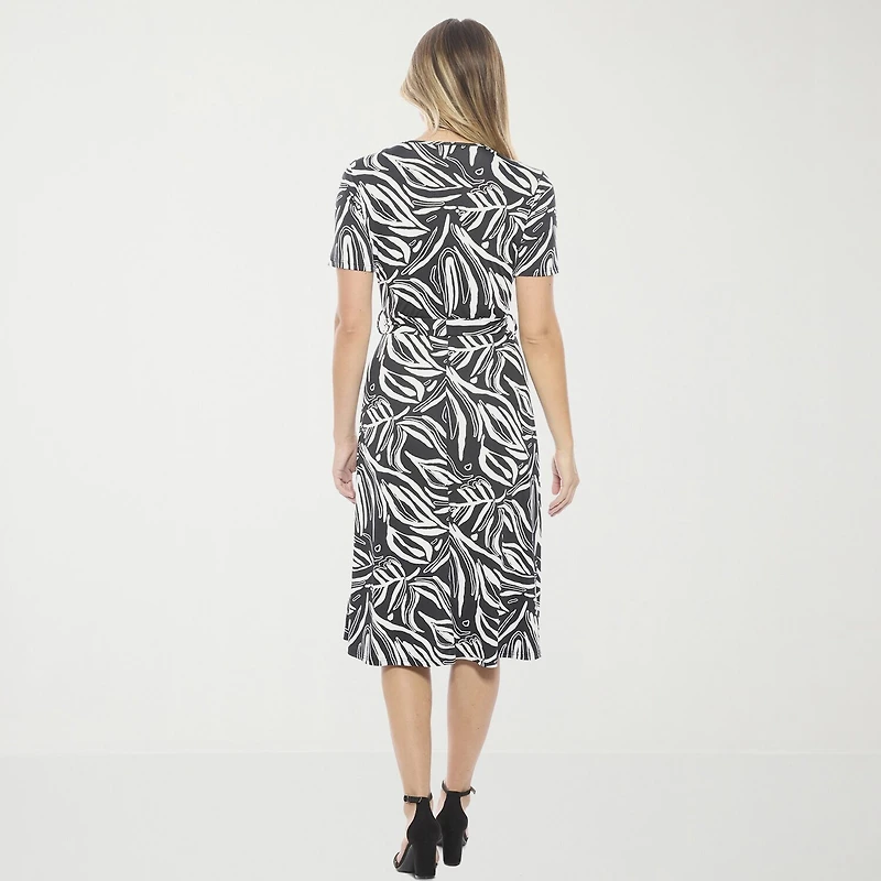 24seven Comfort Apparel Womens Midi V Neck Short Sleeve Abstract A-Line Dress