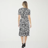24seven Comfort Apparel Womens Midi V Neck Short Sleeve Abstract A-Line Dress