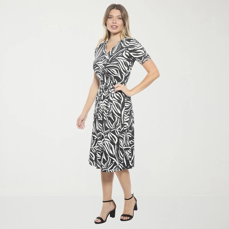 24seven Comfort Apparel Womens Midi V Neck Short Sleeve Abstract A-Line Dress