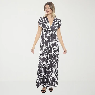 24seven Comfort Apparel Womens V Neck Short Sleeve Cap Abstract Empire Waist Dress