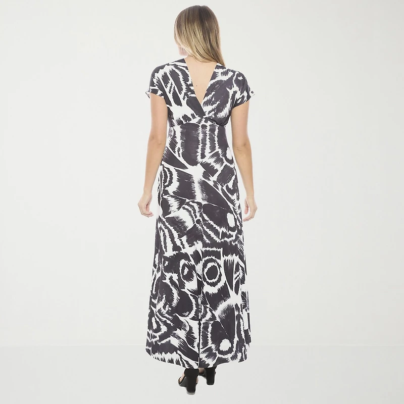 24seven Comfort Apparel Womens V Neck Short Sleeve Cap Abstract Empire Waist Dress