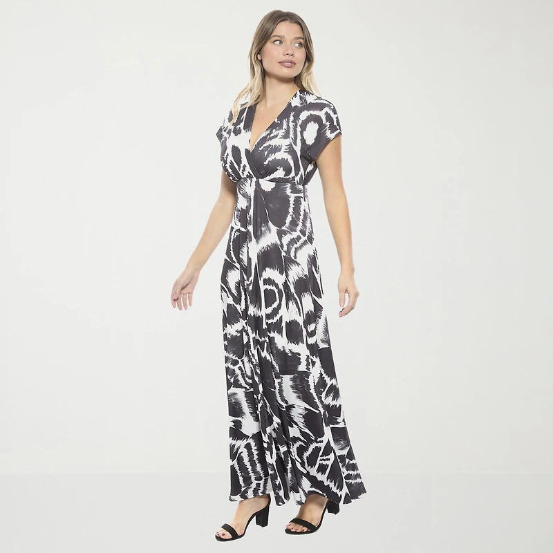 24seven Comfort Apparel Womens V Neck Short Sleeve Cap Abstract Empire Waist Dress