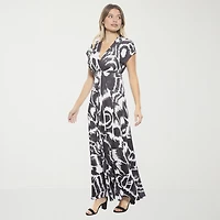 24seven Comfort Apparel Womens V Neck Short Sleeve Cap Abstract Empire Waist Dress