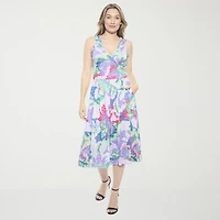 24seven Comfort Apparel Womens Midi V Neck Sleeveless Paisley Fit + Flare Dress