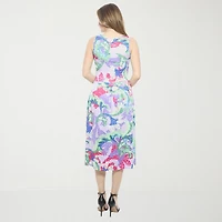 24seven Comfort Apparel Womens Midi V Neck Sleeveless Paisley Fit + Flare Dress