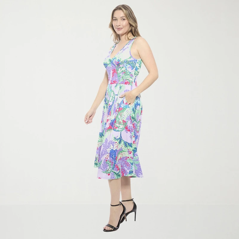 24seven Comfort Apparel Womens Midi V Neck Sleeveless Paisley Fit + Flare Dress