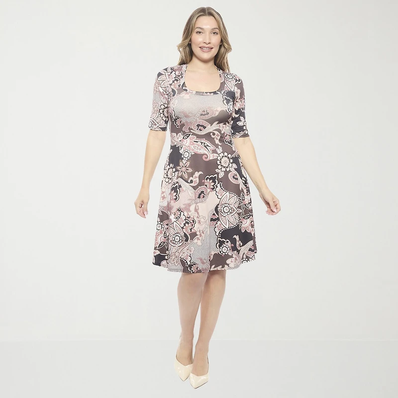 24seven Comfort Apparel Womens Elbow Sleeve Paisley Skater Dress