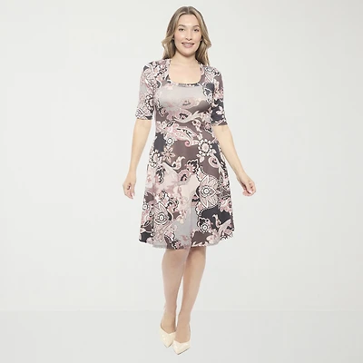 24seven Comfort Apparel Womens Elbow Sleeve Paisley Skater Dress