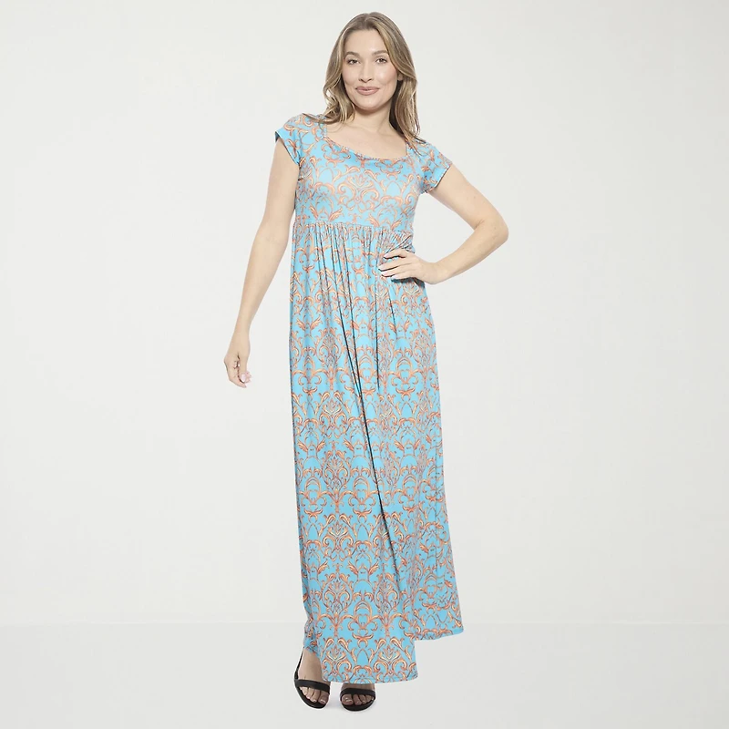 24seven Comfort Apparel Womens Square Neck Short Sleeve Cap Maxi Dress
