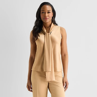 Black Label by Evan-Picone Womens Split Tie Neck Sleeveless Satin Blouse