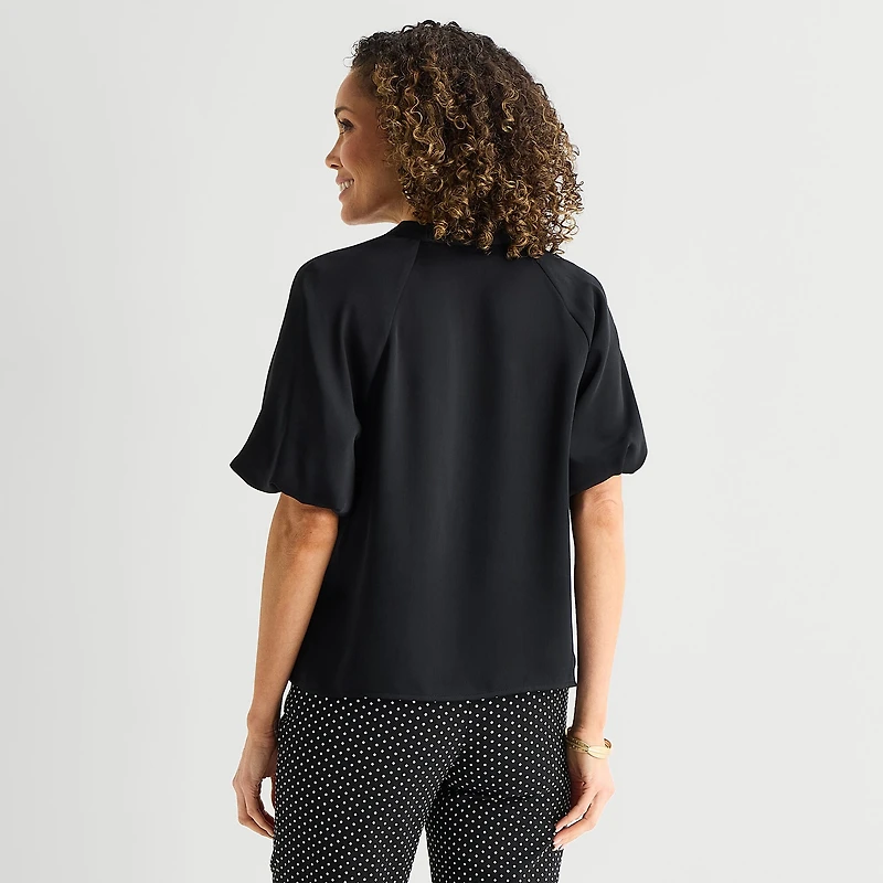 Liz Claiborne Womens Tall Split Crew Neck Short Sleeve Satin Blouse