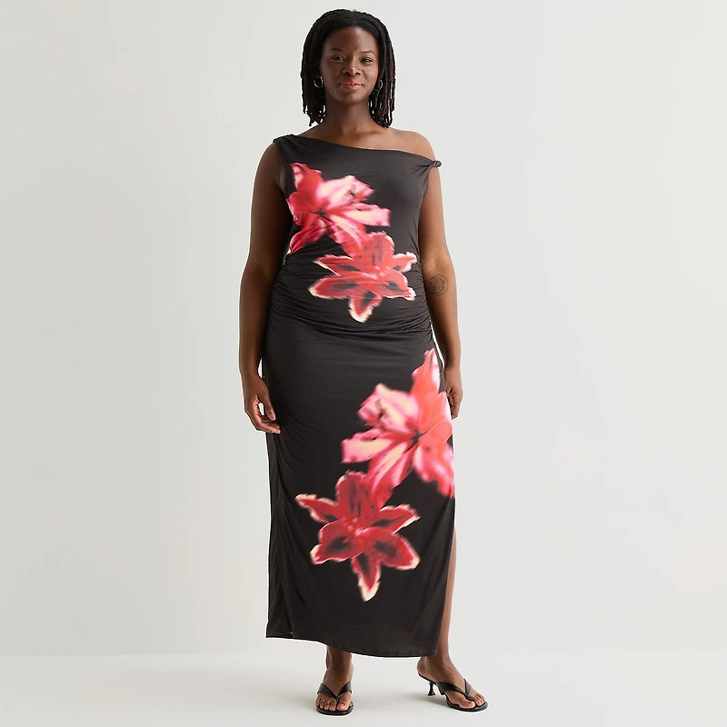 Forever 21 Womens Juniors Plus Asymmetrical Neck Sleeveless Off the Shoulder Bodycon Dress
