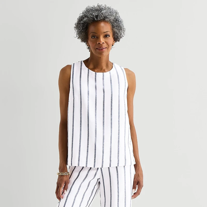 Liz Claiborne Linen Blend Womens Round Neck Sleeveless Blouse