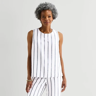 Liz Claiborne Linen Blend Womens Round Neck Sleeveless Blouse