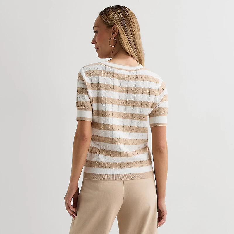 Liz Claiborne Womens Crew Neck Short Sleeve Striped Pullover Sweater