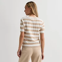 Liz Claiborne Womens Crew Neck Short Sleeve Striped Pullover Sweater
