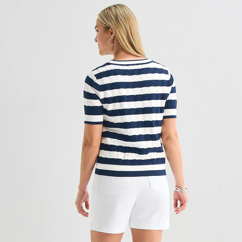 Liz Claiborne Womens Crew Neck Short Sleeve Striped Pullover Sweater
