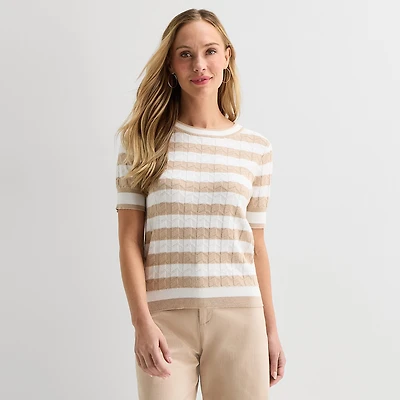 Liz Claiborne Womens Crew Neck Short Sleeve Striped Pullover Sweater