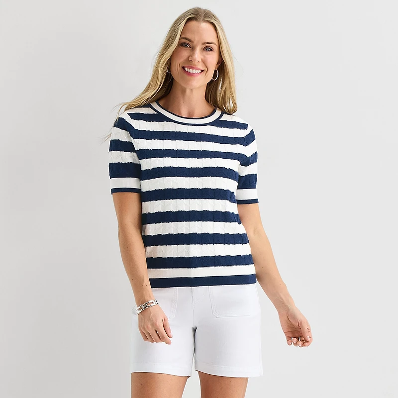 Liz Claiborne Womens Crew Neck Short Sleeve Striped Pullover Sweater