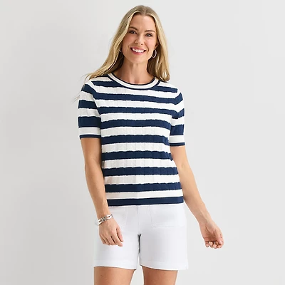 Liz Claiborne Womens Crew Neck Short Sleeve Striped Pullover Sweater