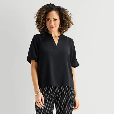 Liz Claiborne Womens Split Crew Neck Short Sleeve Satin Blouse