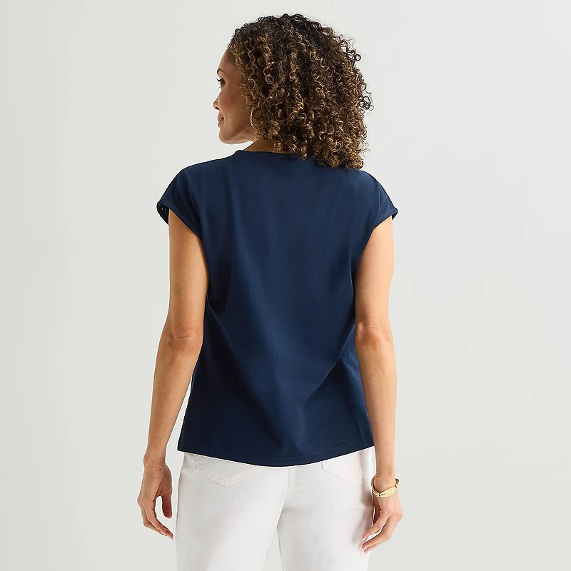 Liz Claiborne Womens Crew Neck Short Sleeve Embroidered Blouse
