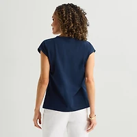 Liz Claiborne Womens Crew Neck Short Sleeve Embroidered Blouse