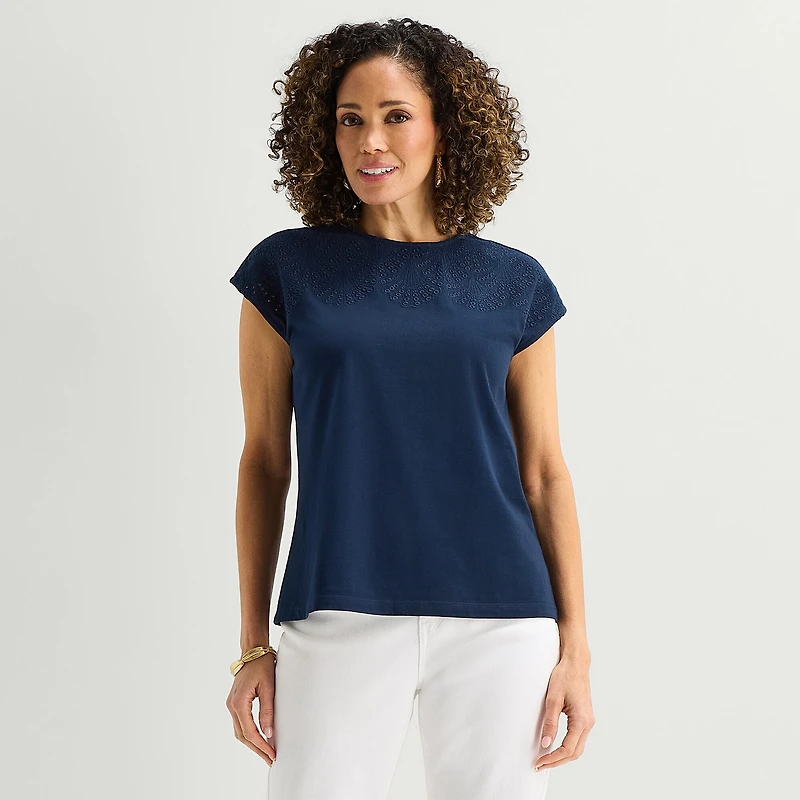 Liz Claiborne Womens Crew Neck Short Sleeve Embroidered Blouse