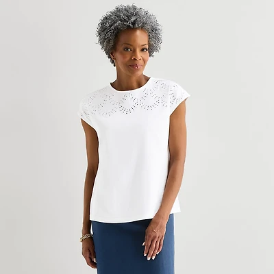 Liz Claiborne Womens Crew Neck Short Sleeve Embroidered Blouse