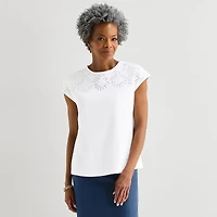 Liz Claiborne Womens Crew Neck Short Sleeve Embroidered Blouse