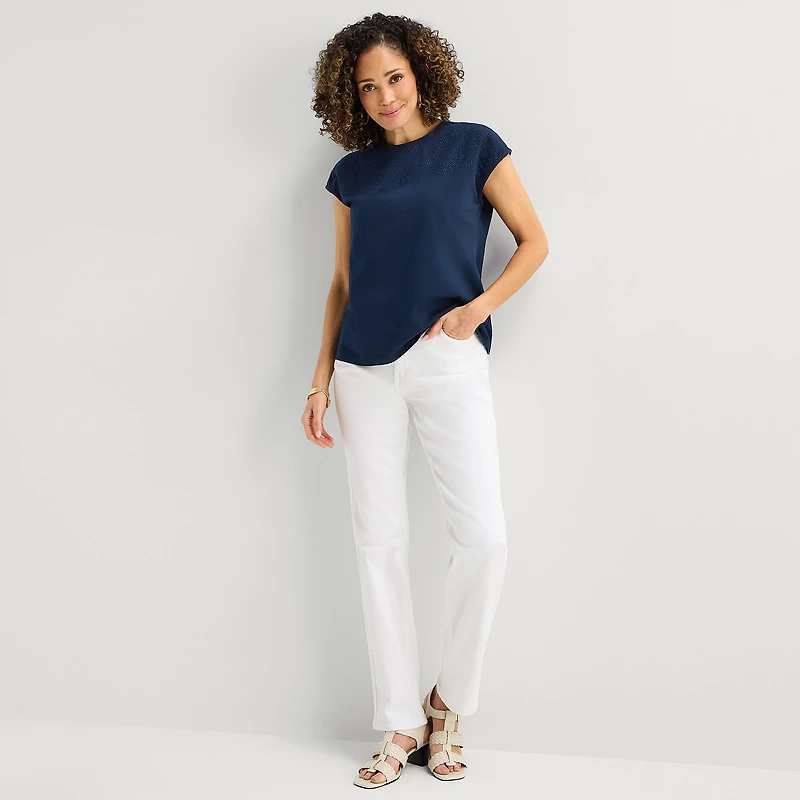 Liz Claiborne Womens Crew Neck Short Sleeve Embroidered Blouse