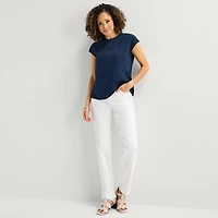 Liz Claiborne Womens Crew Neck Short Sleeve Embroidered Blouse