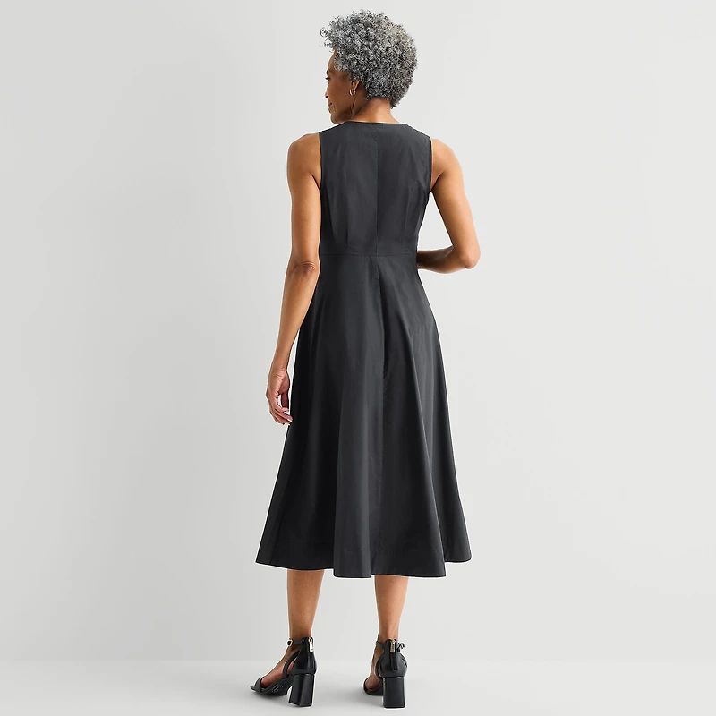 Liz Claiborne Womens Midi V Neck Sleeveless A-Line Dress