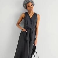 Liz Claiborne Womens Midi V Neck Sleeveless A-Line Dress
