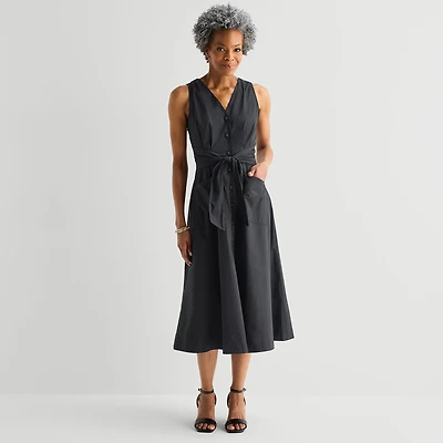 Liz Claiborne Womens Midi V Neck Sleeveless A-Line Dress