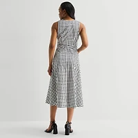 Liz Claiborne Womens Midi V Neck Sleeveless Gingham A-Line Dress