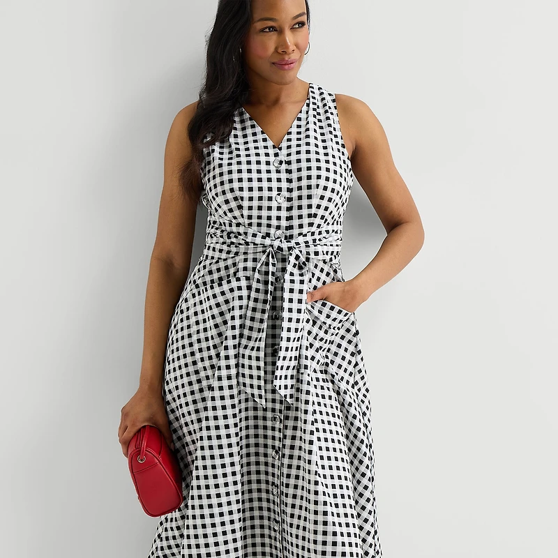 Liz Claiborne Womens Midi V Neck Sleeveless Gingham A-Line Dress
