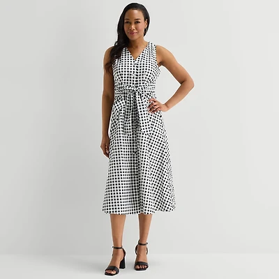 Liz Claiborne Womens Midi V Neck Sleeveless Gingham A-Line Dress