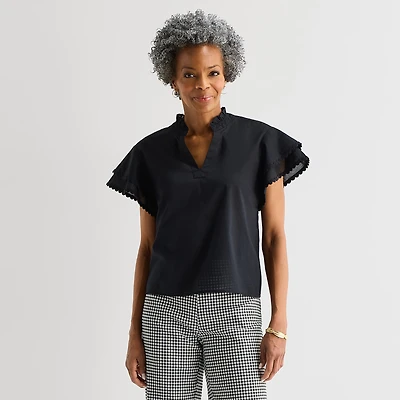 Liz Claiborne Womens Split Crew Neck Short Sleeve Blouse