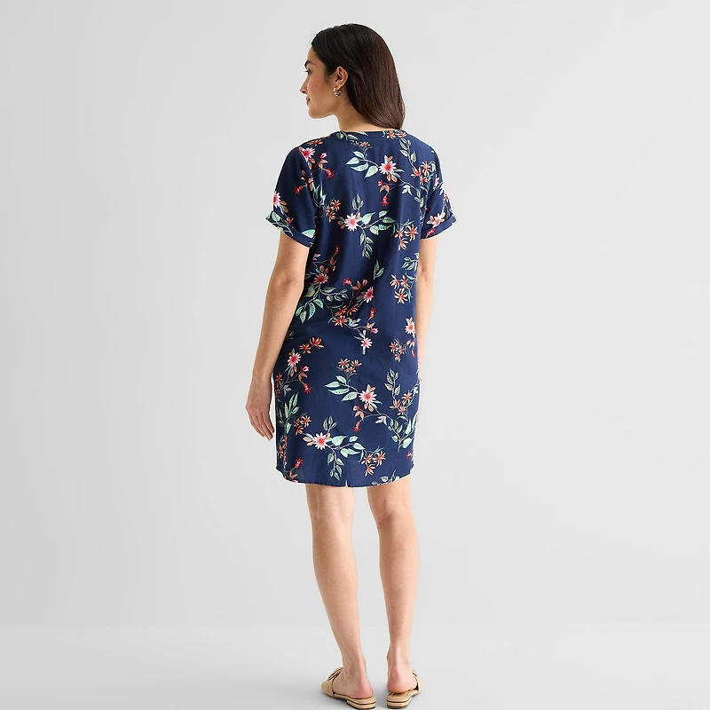 St. John's Bay Womens V Neck Short Sleeve Plaid Shift Dress