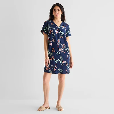 St. John's Bay Womens V Neck Short Sleeve Plaid Shift Dress