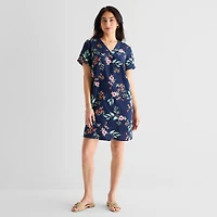 St. John's Bay Womens V Neck Short Sleeve Plaid Shift Dress